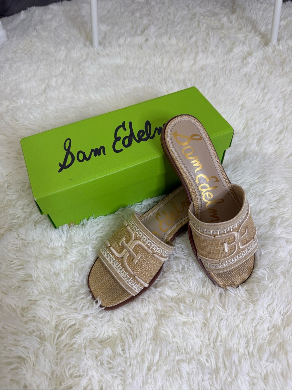 Sam Edelman Natural Raffia Slide Mules with Stitching Detail